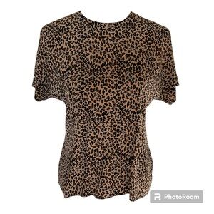 Vintage Silk Leopard Print Short Sleeve Blouse Back Button Size S